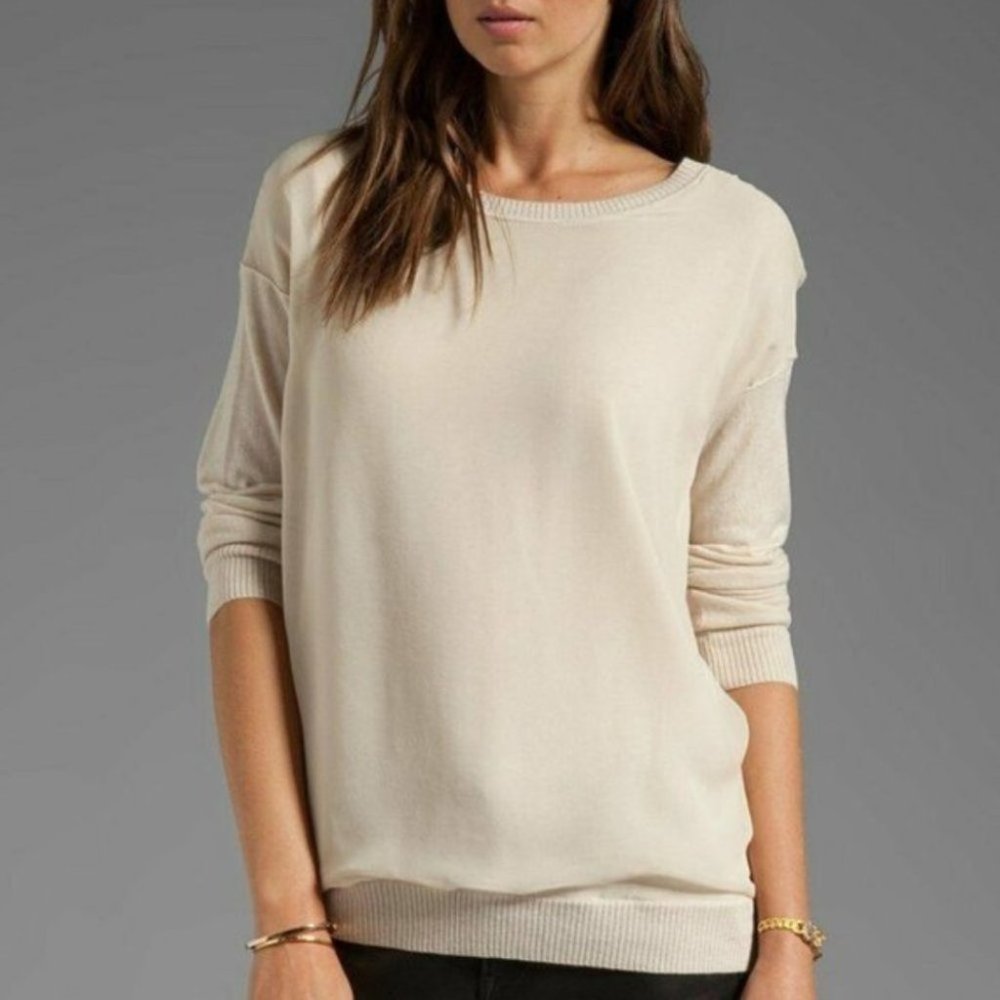 Vince Chiffon Overlay Cashmere Silk Crewneck Cream Pullover Sweater Size XS